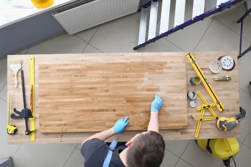 Acabado artesanal de una encimera de madera para cocina en el taller