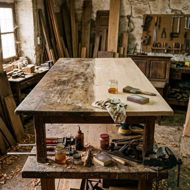 Mesa antigua de madera en el banco de restauración del taller