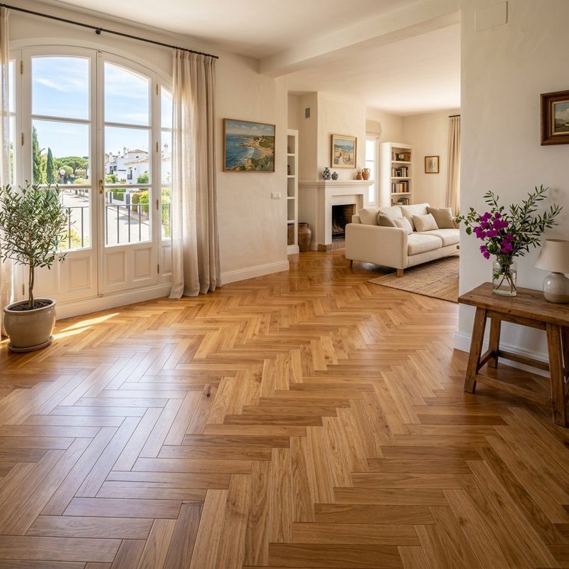 Salón luminoso con parquet de madera colocado en espiga